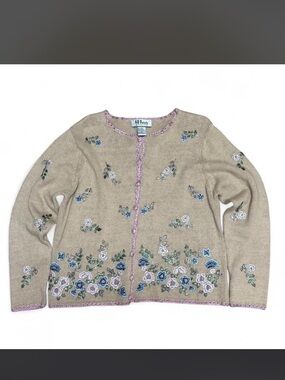 Embroidered Sweater Cardigan - Tan with Pink Trim embroidered flowers